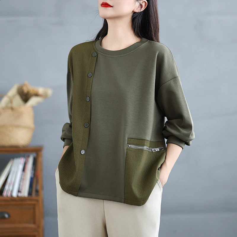 solid color floral loose long sleeved checkered sports shirt for womens autumn straight Oneck streetwear patch work retro top 240827