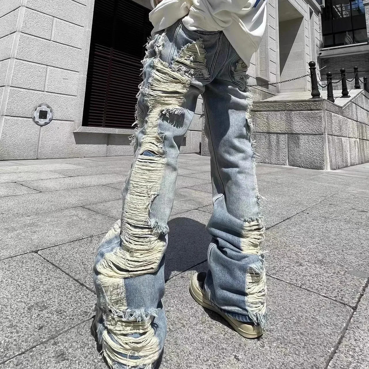 Harajuku Ripped Frayed Hole Blue Washed Jeans Pants for Men and Women Pockets Streetwear Casual Baggy Denim Trousers 240826Z