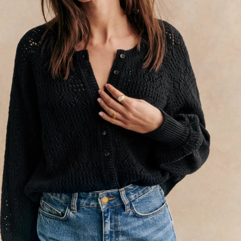 ZESSAM Solid Hollow Jacquard Knit Cardigan ONeck Long Sleeve Button Loose Female Sweater Casual Cozy Lady Top 240827