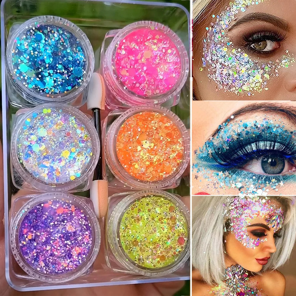 6 cans/set Eyeshadow glitter gel hair body nail glitter gel heart-shaped star moon pine sequins holiday makeup decoration 240829