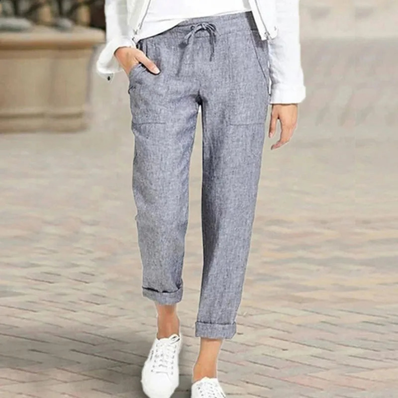 Lucyever Casual Cotton Linen Pants Women Spring Summer High Waist Elastic Ankle-Length Pants Female Solid Pockets Harem Trousers 240829