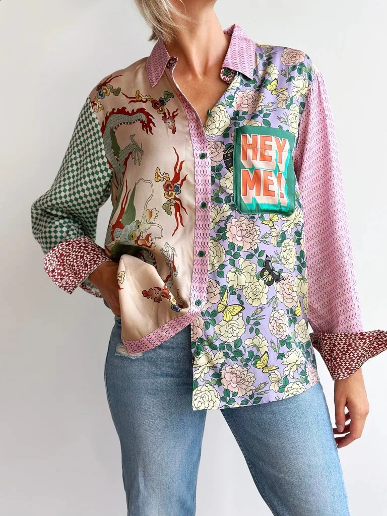 Fashion Graffiti Long Sleeve Turndown Collar Blouse Vintage Print Graphic Shirt 2024 Cardigan Casual Streetwear Clothing 240819