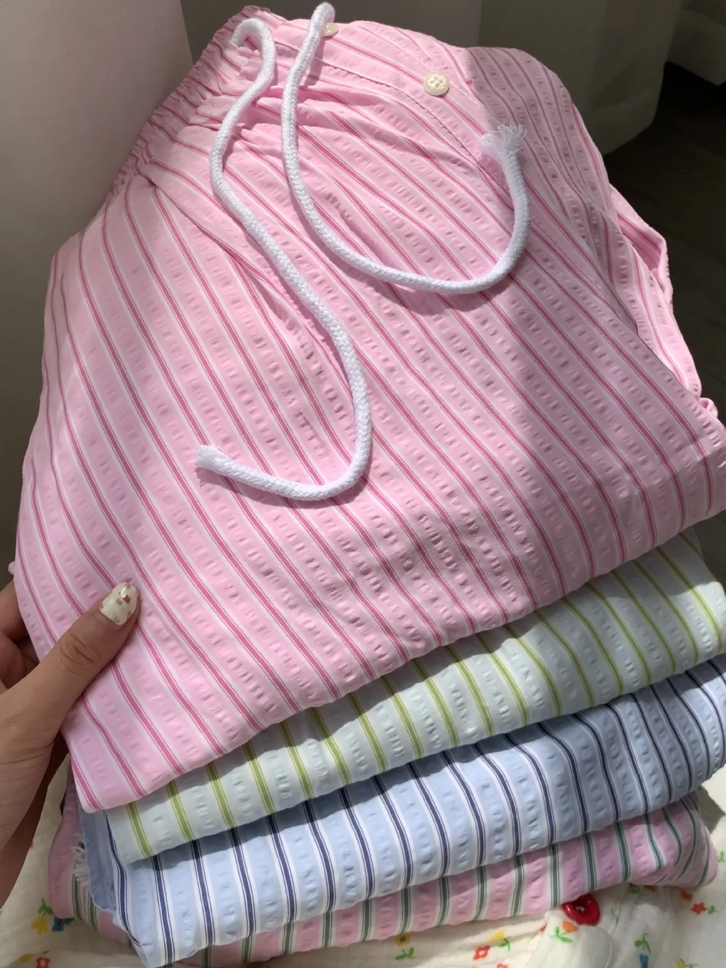 Striped Korean Casual Drawstring Straight Pant Summer Women Loose Holiday Pants Perppy Sweet Pink High Waist Office Trousers 240829