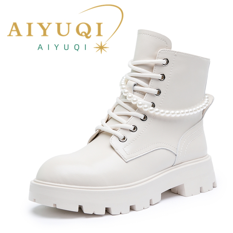 AIYUQI Women's Ankle Boots Winter Large Size Genuine Leather Fashion Beaded Women Short Boots Fur Warm Women's Booties