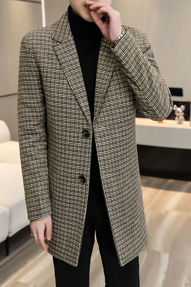 autumn and winter mens wool jacket long and thick coat slim fit casual business wool blend coat street mens clothing 240829