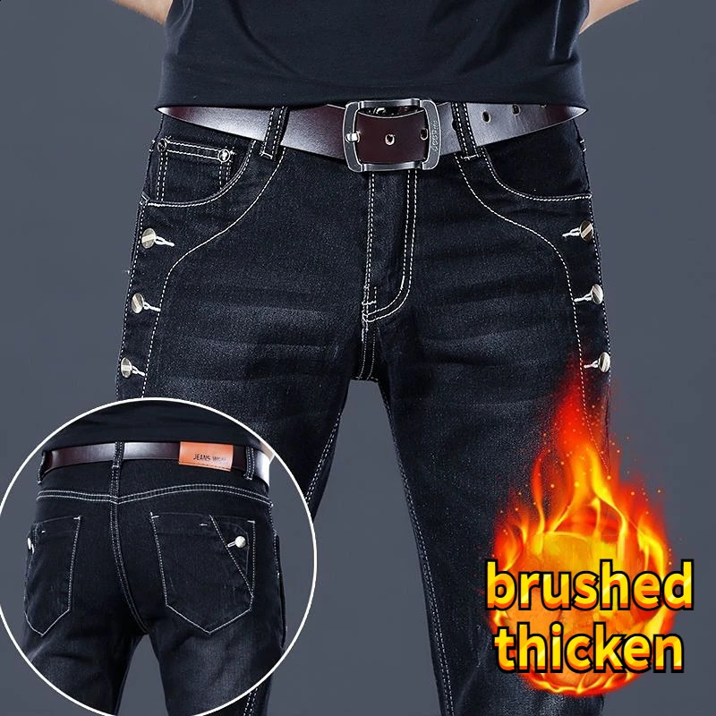 Autumn Winter Brushed Cowboy Slim Clothes Male Korean Style Denim Skinny Plush Grey Jean Pants Trousers for Men 240826Z