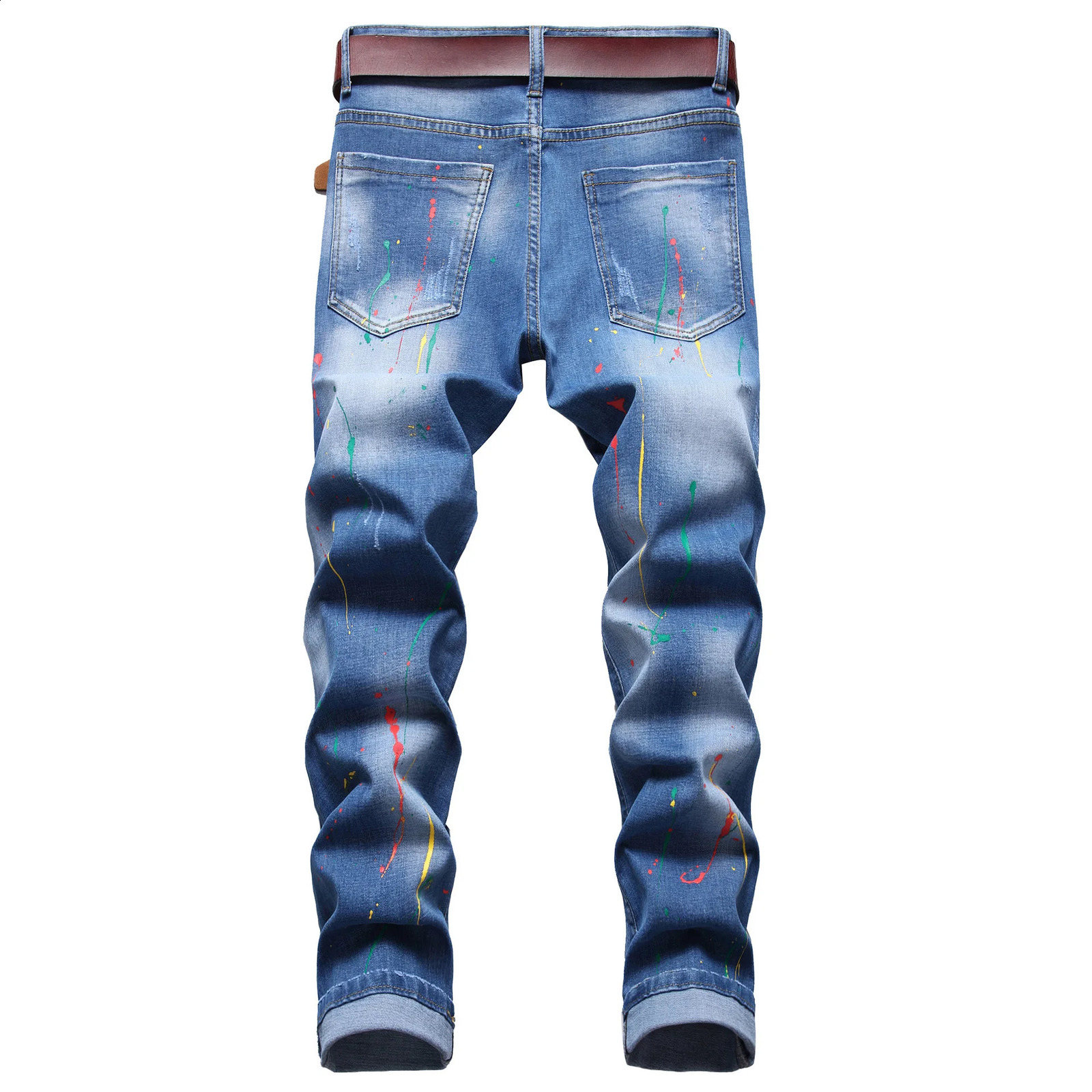 Mens fashion badge decoration tear hole jeans splash ink printed denim pants elastic slim straight casual jeans; 240829