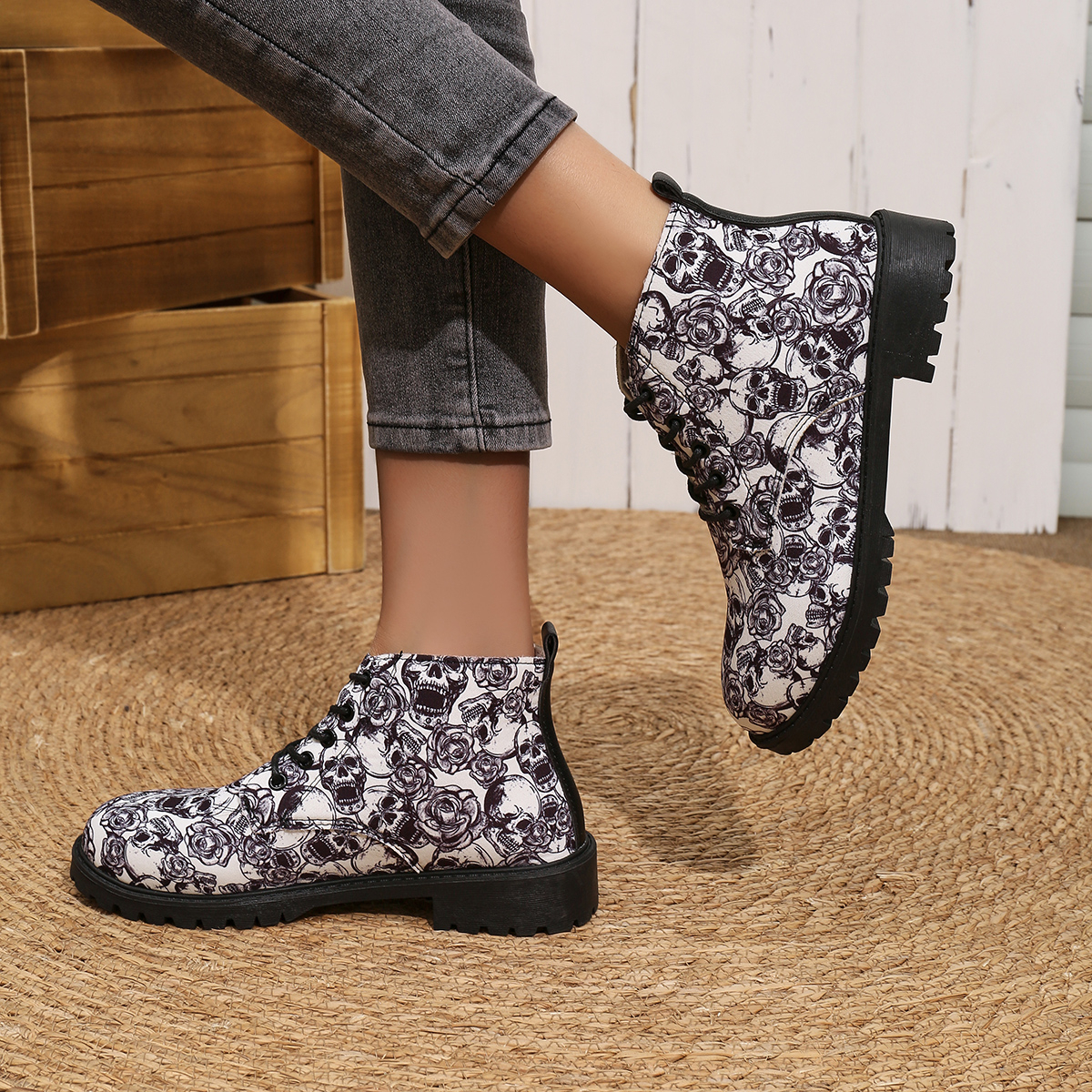 Head Skull Short Women's 2024 Autumn Winter New Halloween Personalized Trend 3D Printed Work Boots Casual Shoes 45e2