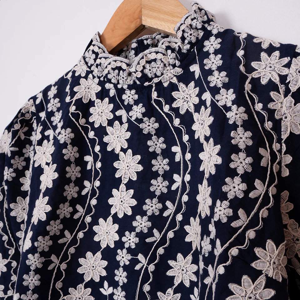 ZESSAM Flower Embroidery Women Shirt Half High Collar Long Sleeve Button Lace Pullover Vintage Classic Casual Lady Top 240827