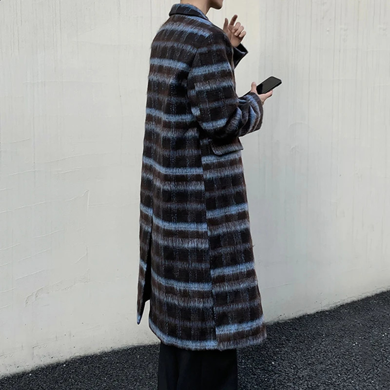 IEFB contrasting color mens coat Korean fashion lapel flat bottomed casual mens long wool coat trend winter chic 9C3923 240829