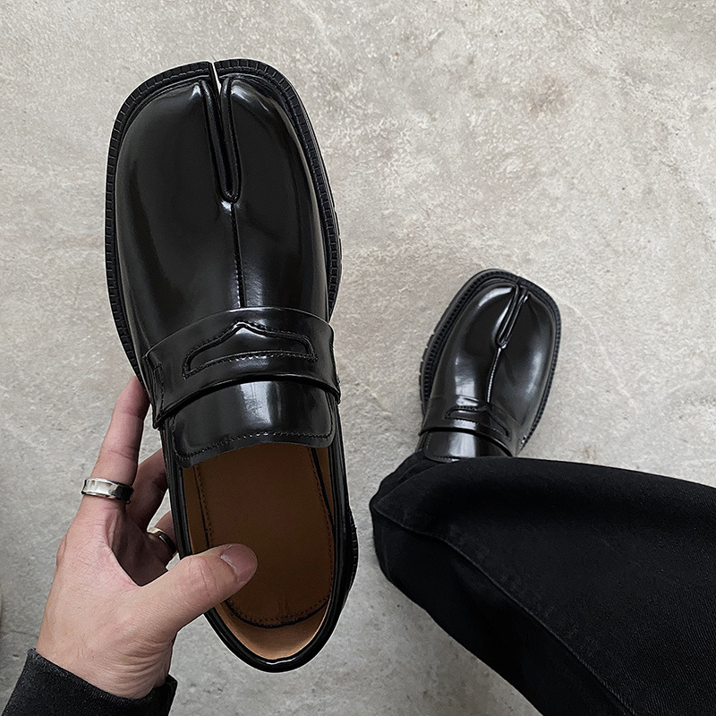 women Brand men Split Toe Black Glossy Leather Platform Loafers Wedding Office Business Lady Shoes 45