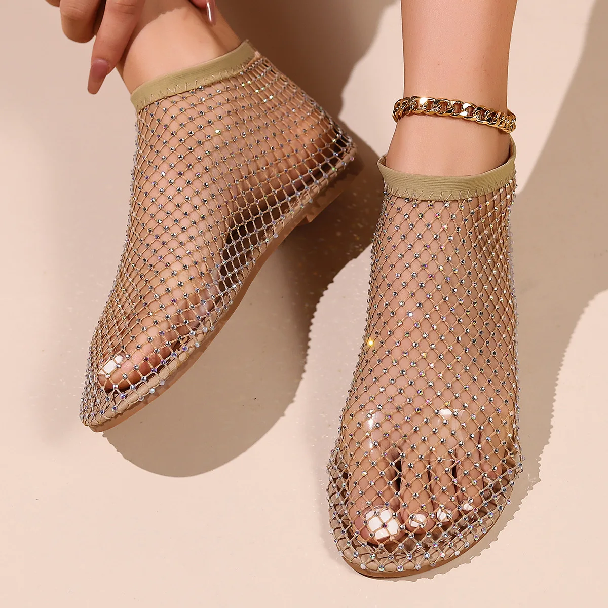 Shiny Mesh Low Heel Sandals Woman Summer Flats Luxury Crystal Woman Shoes Stretchy Sexy Rhinestone Cold Boots Sandalias Mujer