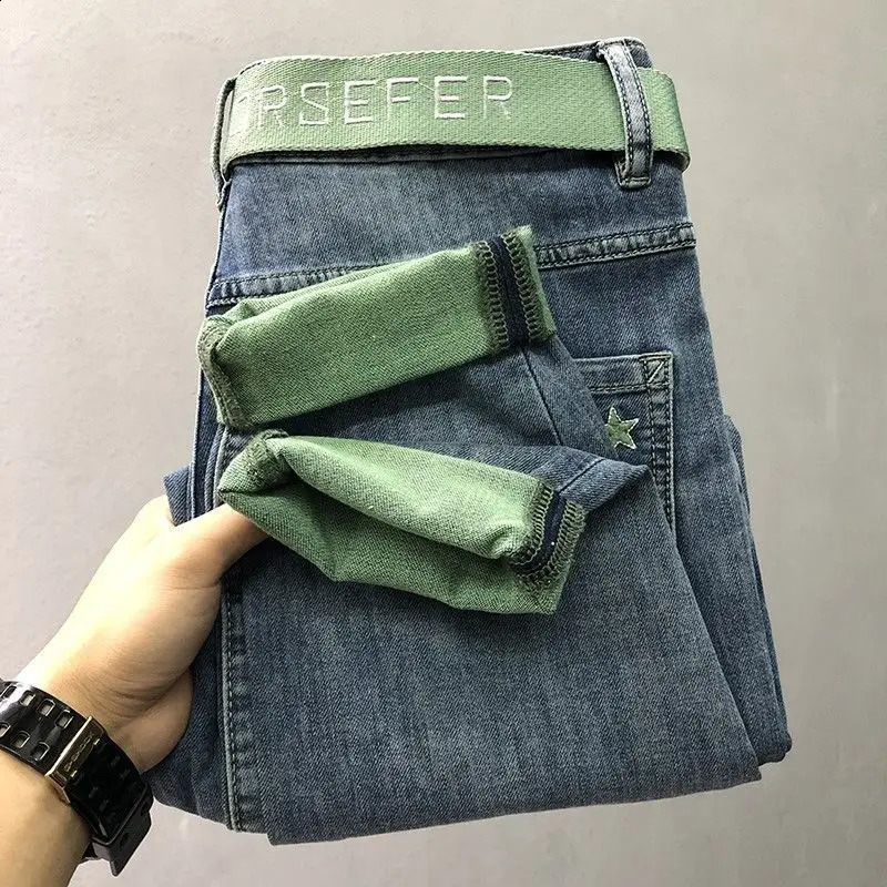 Fashionable Spring Harajuku HipHop Korean Clothing Mens HighEnd Embroidery SlimFit Cowboy Cargo Denim Jeans for Men 240826Z