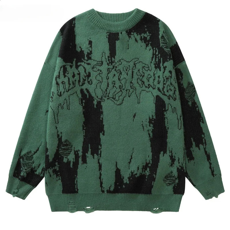 Hip Ripped Sweaters Grunge Y2K Retro Knitted Punk Gothic Street Jumper Sweater Harajuku Mens Fashion Pullover 240829