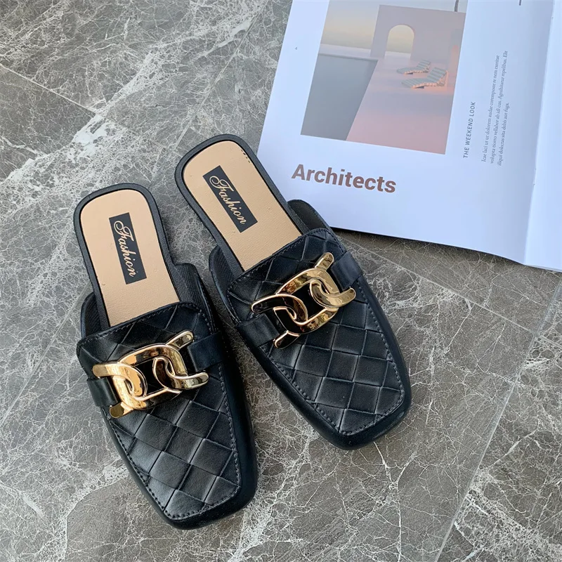Women Light Outdoor Flat Mules Temperament Square Head Slides Fashion Plaid Metal Buckle Modern Slippers Roman Sandals 4 a59f1