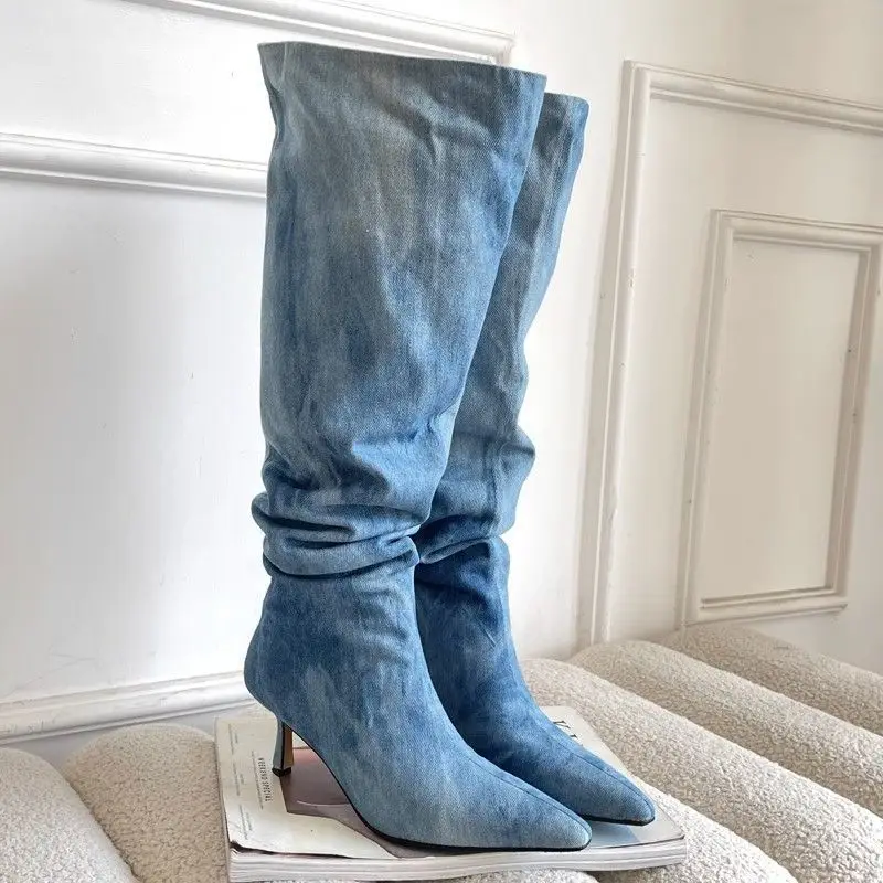 Pointed Toe Cuff Pleated Stacked Women Autumn Thin Denim Cloth High Heel Not Over Knee Long Tube Boots f19a