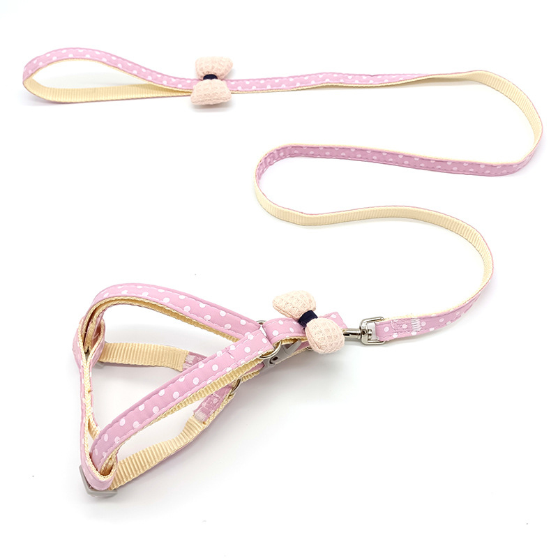 Adjustable Dog Collar and Leash Set with Polka Dot Print & Bow Embellishment Pet Chest Harness Pet Supplies for Puppies and Cats