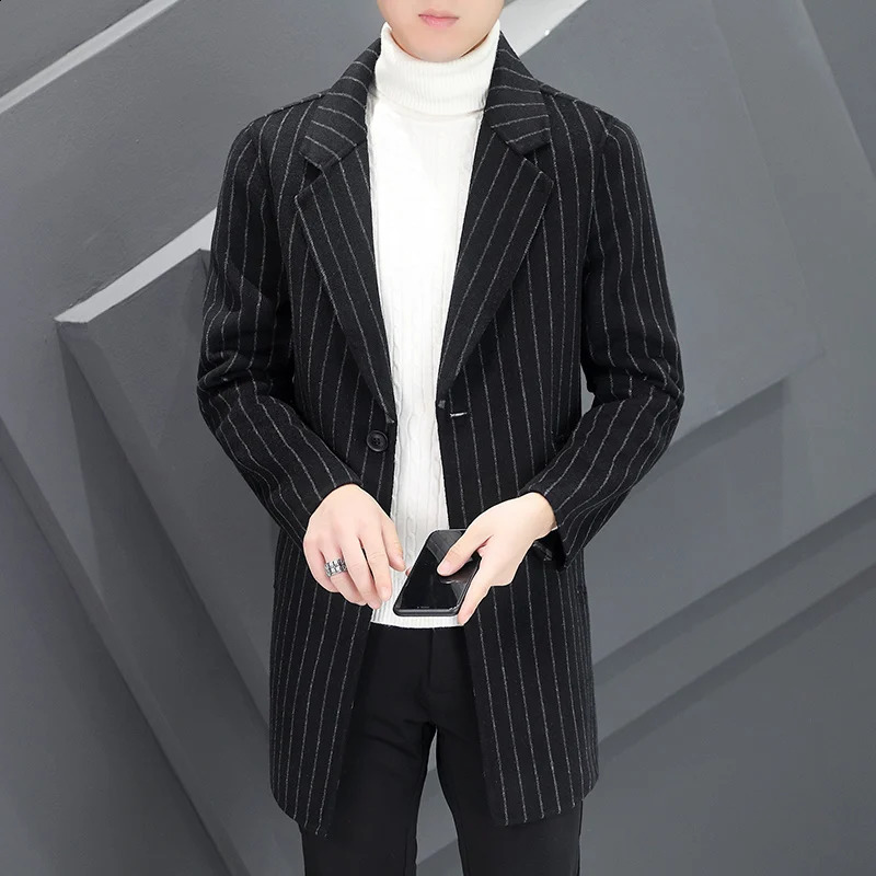 Business and leisure mens autumn and winter striped wool coat mid length coat top-grade wool coat daily thick warm windproof jacket 240829