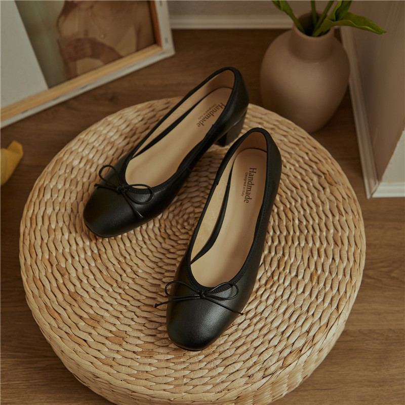 2024 Genuine Leather Women Shoes Fashion Butterfly-knot Spring and Autumn Pumps Slip-On Casual Shoes Chunky Heel Size 34-40
