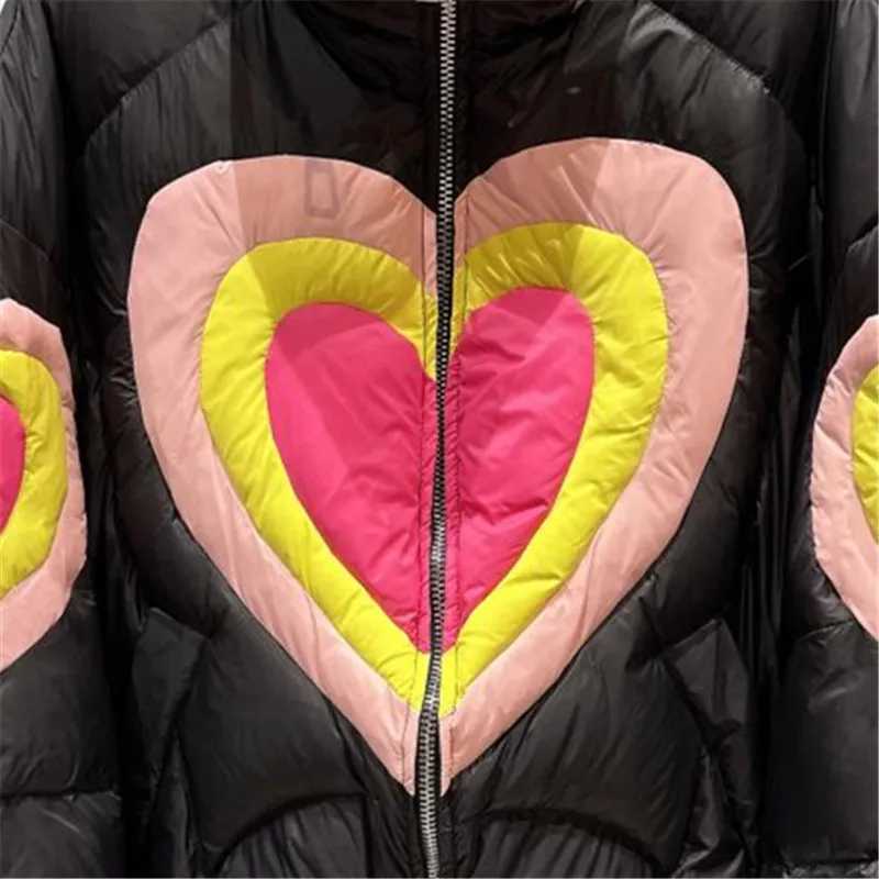 Womens Down Parkas Heart shaped printed down jacket for women highquality Parkas splicing fashionable couple cotton coat thick and warm winter jacket 