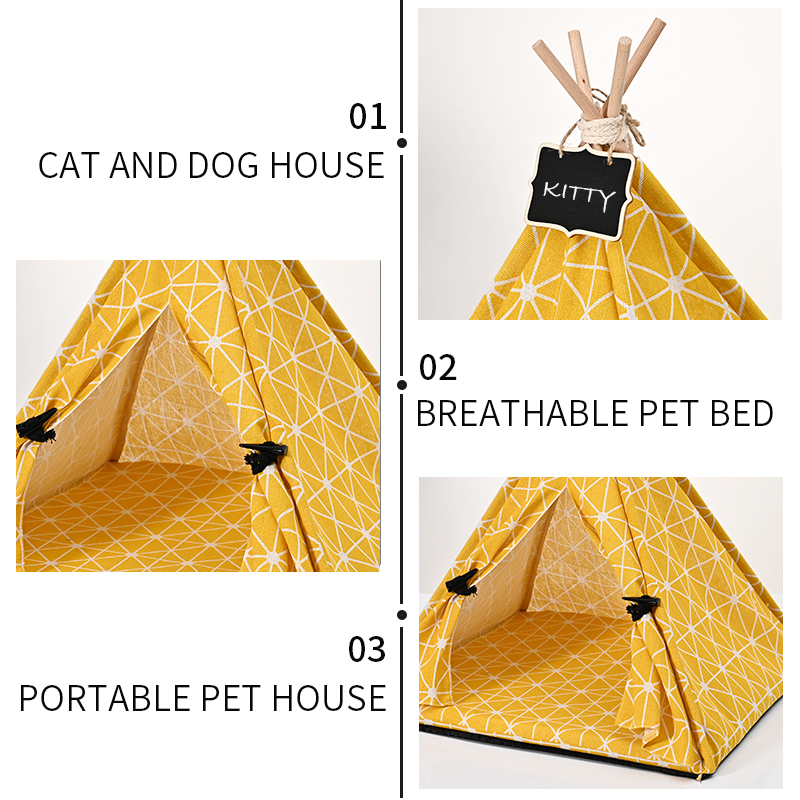 Canvas Pet Tent Pet Teepee Dog Tent House Cat Bed Puppy Cat Indoor Outdoor Pet Teepee with Cushion Portable Dog Tent Supplies