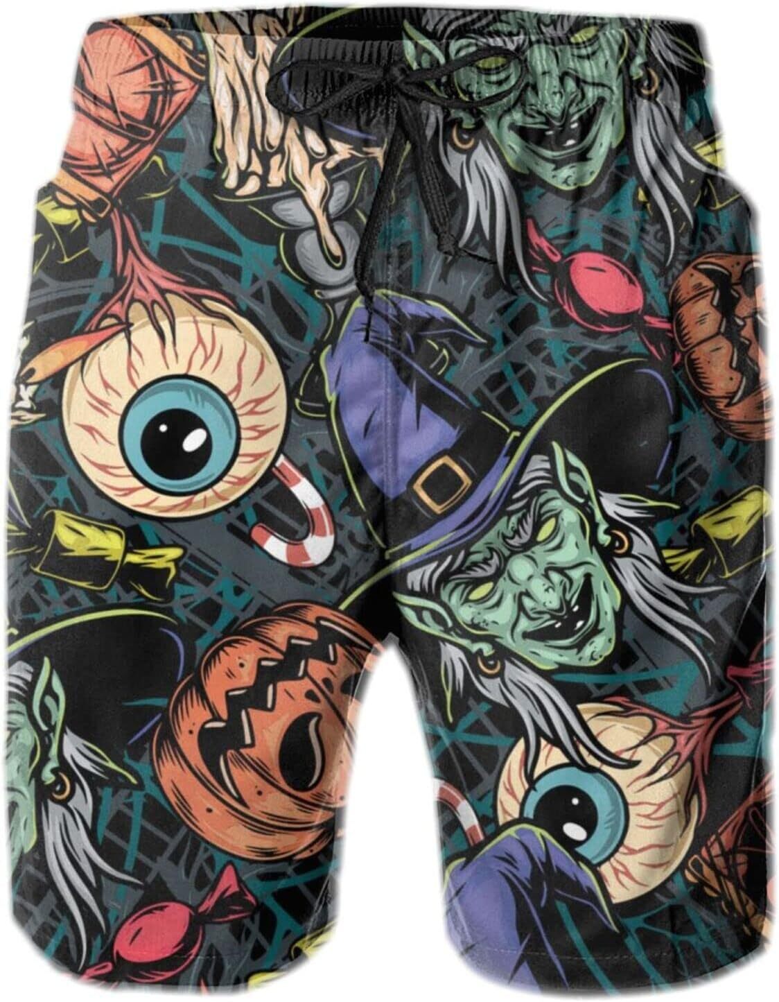 Mens Shorts 3D Printing Pattern Halloween Scary Witch Swim Trunks Quick Dry Casual Beach Board Swimwear