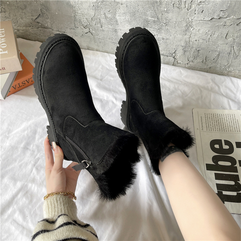 Women's British style cotton shoes with zipper and plush cotton boots