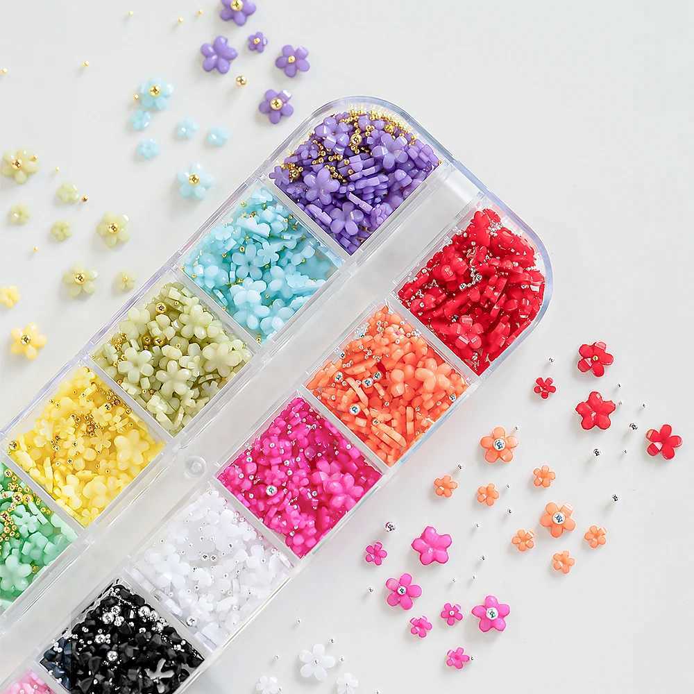 12 grid acrylic flower nail charm 12 color set 3D flower nail art Rhinestone mixed flower spring gemstone DIY nail supplies W240829