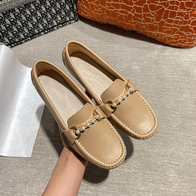 Luxury Pearl Band cow leather flat shoes woman round toe moccasins anti-slip cozy pregnant shoes female genuine leather loafers