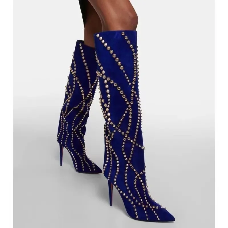 Brand All Metal Rivet Decoration Walk Show Long Boots Women's Suede Slender High Heel Pointed Shiny Mid Length Boot Size 34-43 0101 2c59