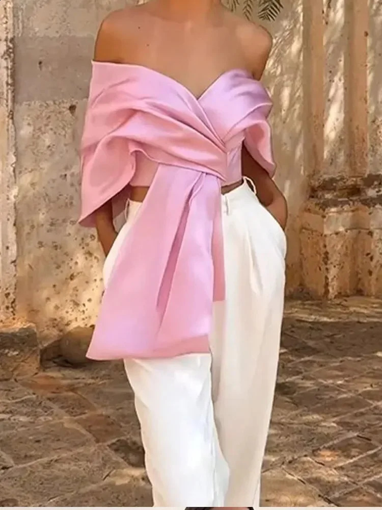 Elegant Pleated Satin Pink Bow Women Tops Sexy Off Shoulder V-neck Backless Cropped Tank Top 2024 Spring Summer Chic Lady Vest 240830
