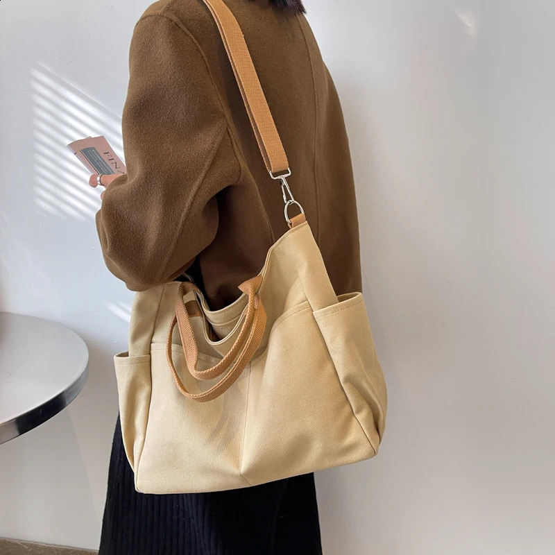 Lazy Wind Canvas Big Bag Korean Version Of The Single Shoulder Crossbody Bag Female Simple Literary Solid Color Bag 240830