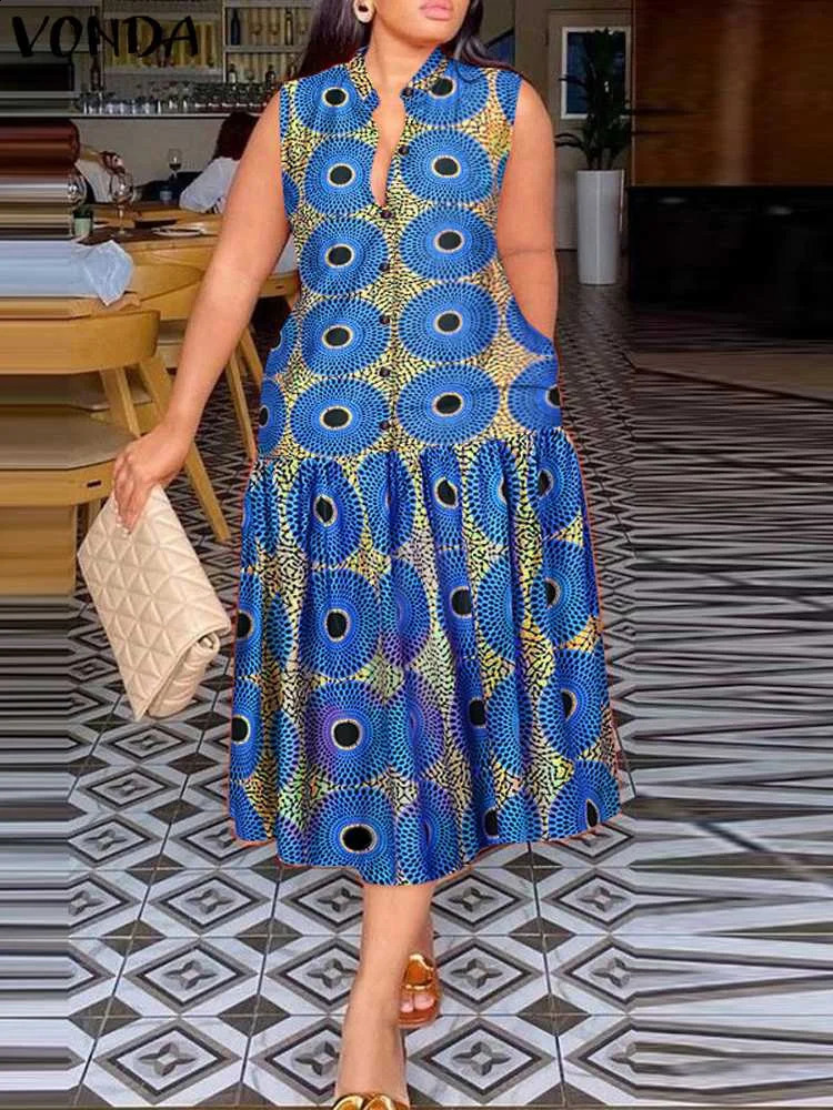 VODA Bohemian Long Sun Skirt Womens Printed Midi Dress 2024 Sleeveless Ruffle Party Tank Top Button Casual Loose Sun Skirt 240830