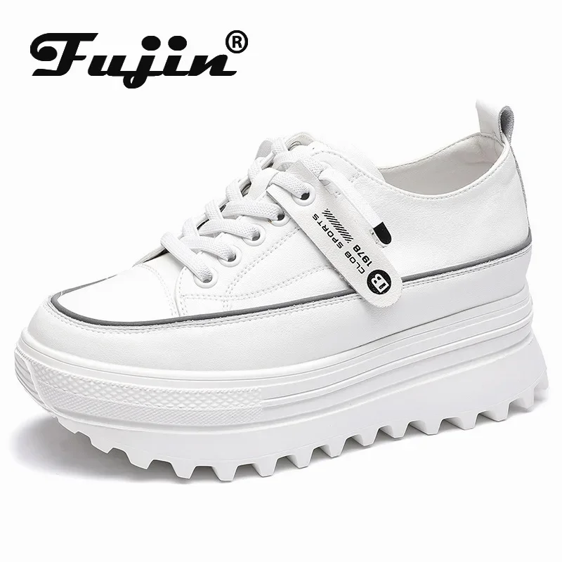 Fujin 5.5cm Genuine Leather Platform Wedge Shoes Chunky Sneaker White Casual Shoes Comfortable Breathable Spring Autumn Shoes