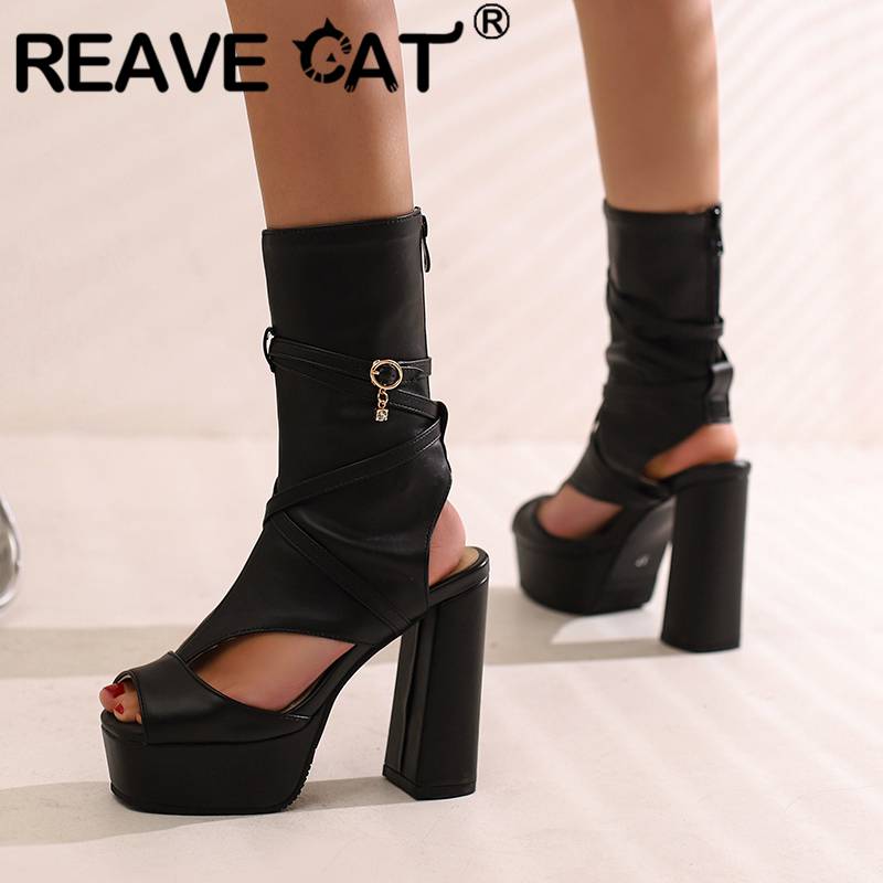 REAVE CAT Design Shoes Lady Summer Boots Peep Toe Zipper Cross Strap Ultrahigh Heel 12.5cm Platform 4.5cm Fashion 49 50 Big Size