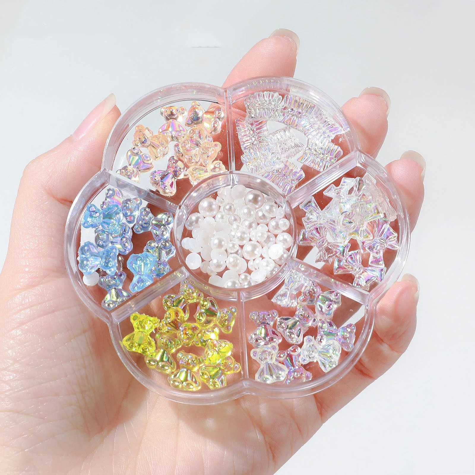7-grid mixed style butterfly bear nail rhinestone 3D aurora sparkling crystal nail decoration DIY Christmas box handicraft supplies W240829