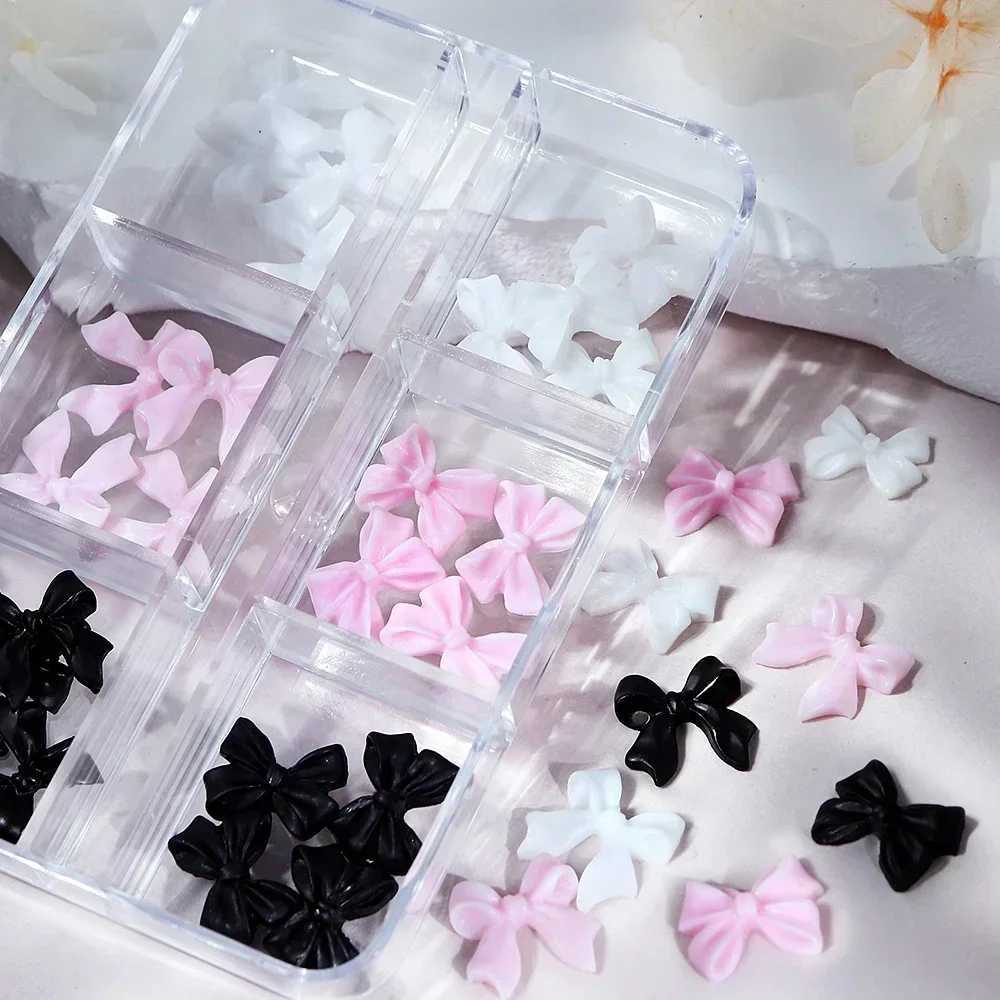 6 Grid Pink White Ribbon Bow Nail Charm Korean Accessories Black Nail Art Tie Decoration Kawaii Accessories Handmade Design Supplies W240829