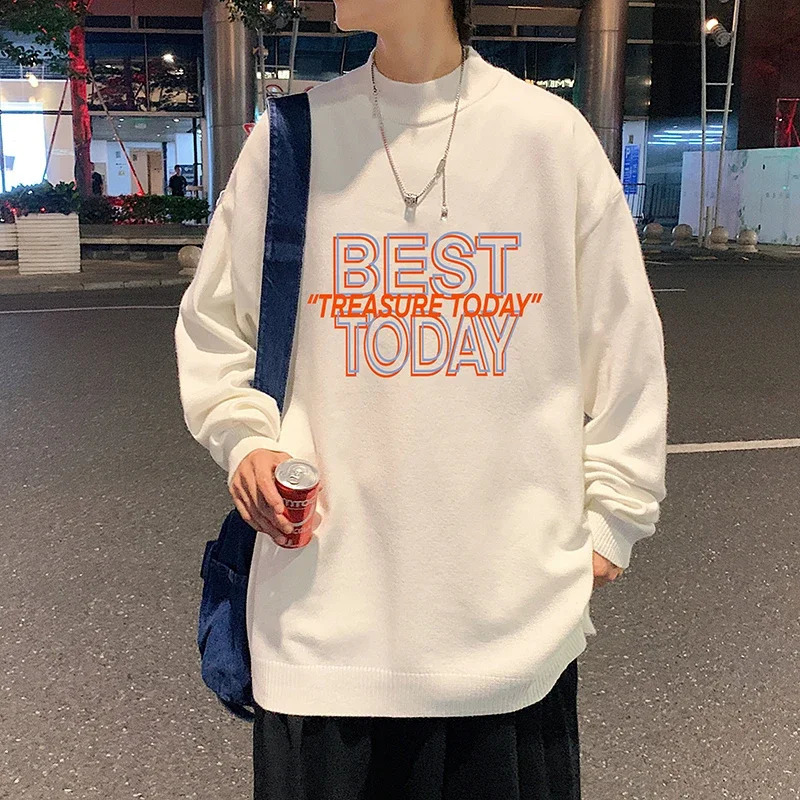 Mens oversized white autumn 5XL knitted sweater with letter printing for mens casual wear full sleeve knitted floral mens clothing 240829