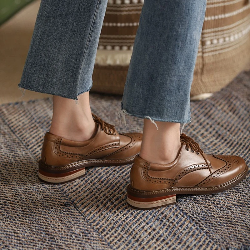 Spring Autumn Women Oxford Flats Shapes Brogues Genuine Leather Office Outsole Mole Female Ballet Derby Shoes Ladies a27f