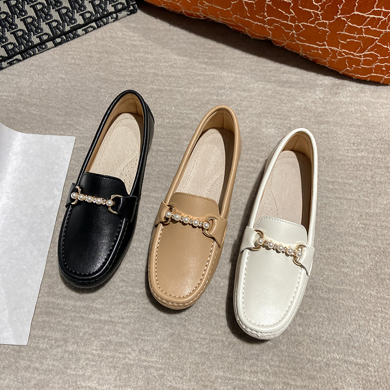 Luxury Pearl Band cow leather flat shoes woman round toe moccasins anti-slip cozy pregnant shoes female genuine leather loafers