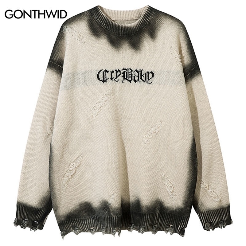 Vintage oversized sweater Grunge Y2K tear hole tie dye knit jumper hip-hop Harajuku punk Gothic long sleeved streetwear 240829