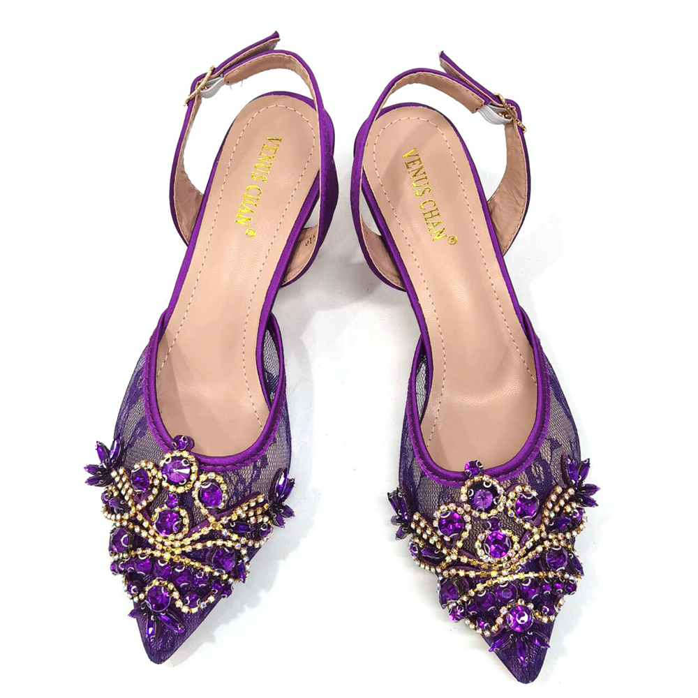 Venus Chan 2024 Latest Shoe and Bag Set Lace Mesh Design Africa Women's Mid-heel Rhinestone Mini Bag for Nigeria Party Wedding