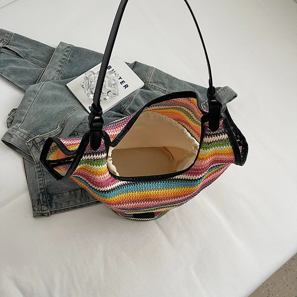Womens straw bag womens handbag simple shoulder large capacity wallet woven strip hand outdoor travel 240830