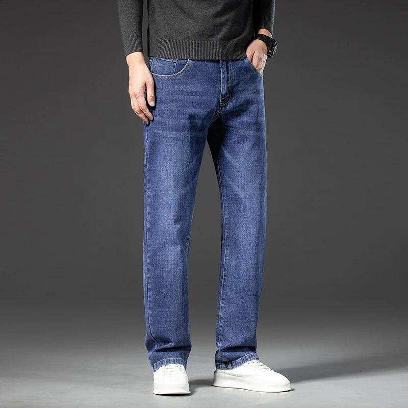 Big 40 42 44 Mens Loose Straight Jeans Spring Business Casual Stretch Trouser Smoke Grey Jeans 240829