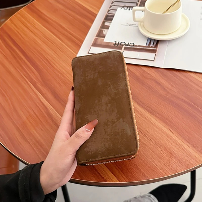 Solid Thread Zipper Long Faux Suede Wallet Bags for Women Simple Card Holder Note Compartment Clutch Bag 240830