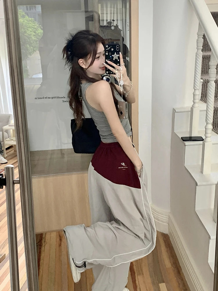 QWEEK Korean Fashion Track Pants Womens Y2K Retro Patch Work Wide Leg Sports Oversized Quick Drying Kpop Street Jogging Trousers 240827