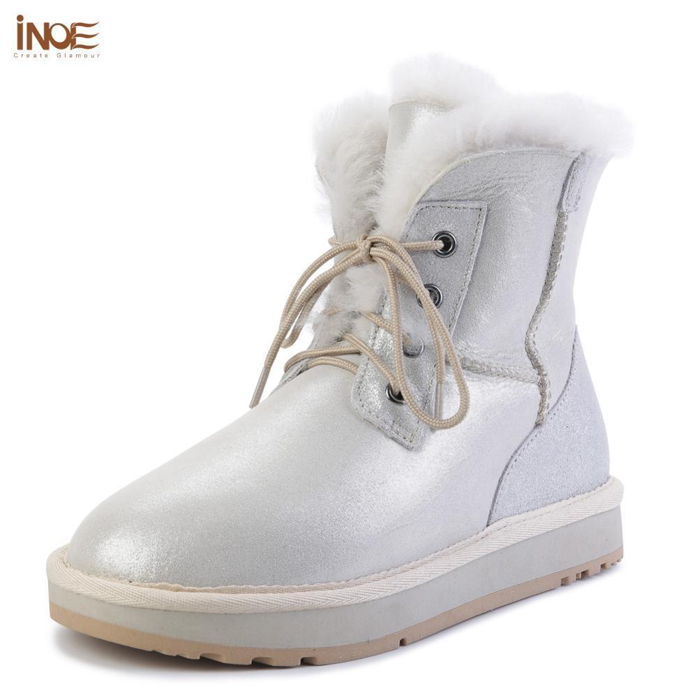 INOE Real Sheepskin Leather Natural Wool Fur Ed Winter Snow Boots For Women Fashion Short Ankle Warm Shoes White Flats