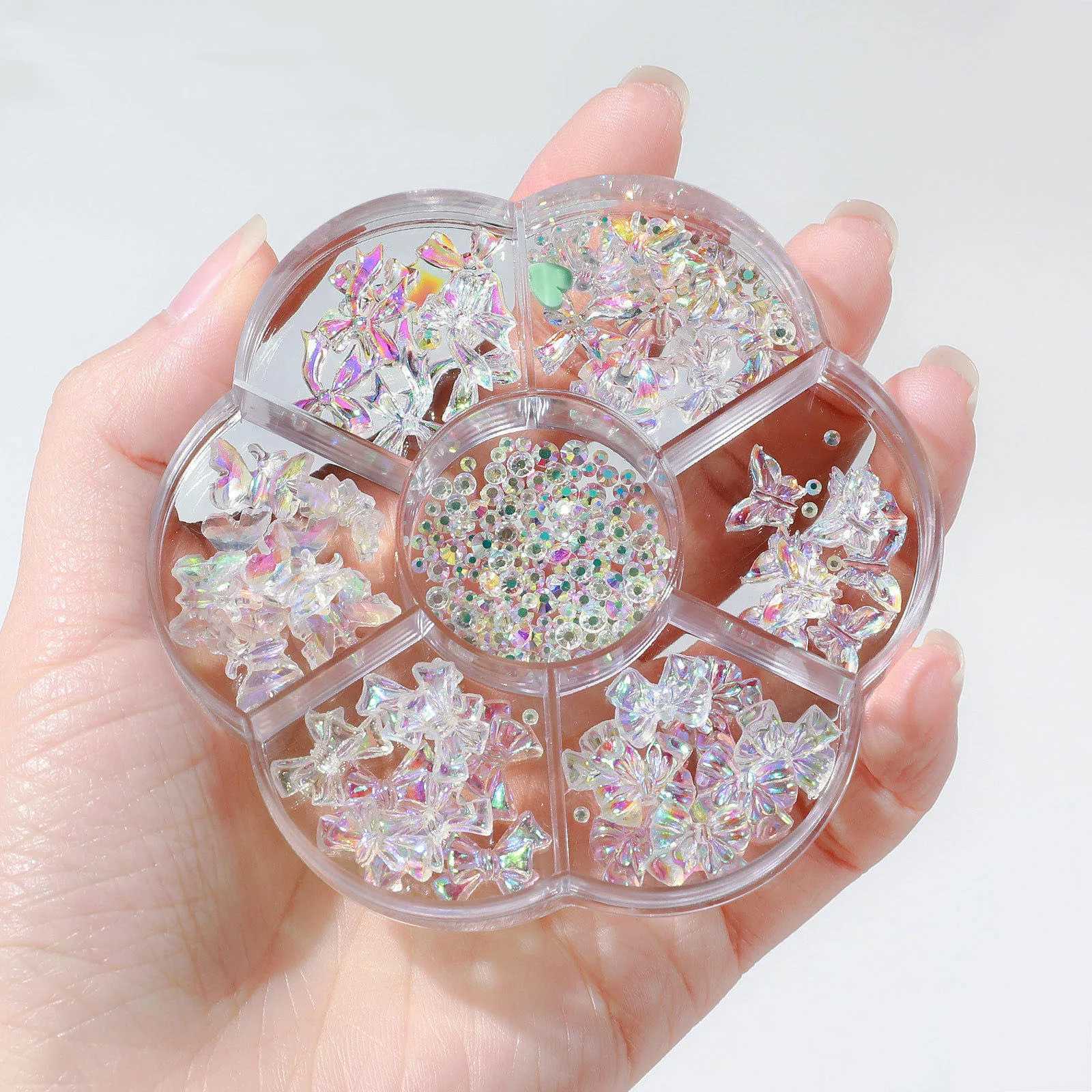 7-grid mixed style butterfly bear nail rhinestone 3D aurora sparkling crystal nail decoration DIY Christmas box handicraft supplies W240829