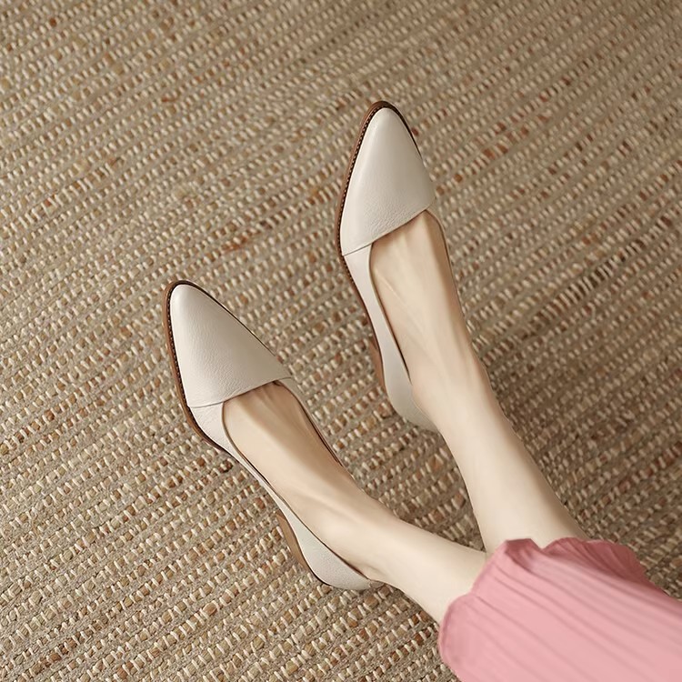 Retro New Leather Heels Pointed Toe Slip-on Loafers Mid Heeled Shoes Women Spring Casual Pumps 53a6