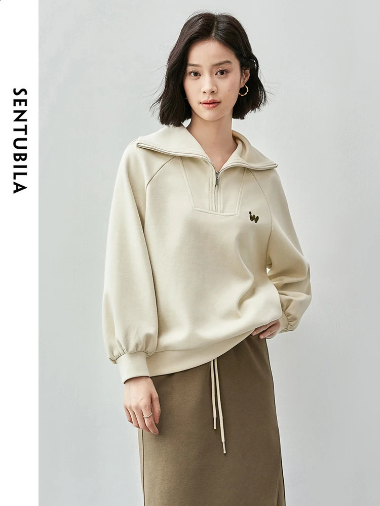 SENTUBILA Womens Casual Cotton Sweatshirt Autumn Straight Letter Embroidered Solid Half Open Collar Coat 143A55822 240827